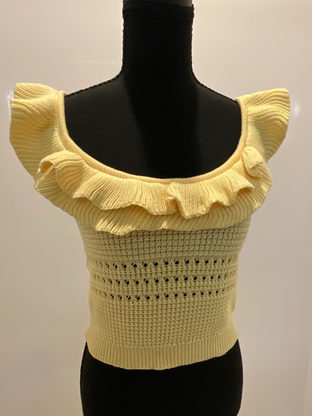 Lush Yellow Knit Crochet Ruffle Sleeve Crop Top.